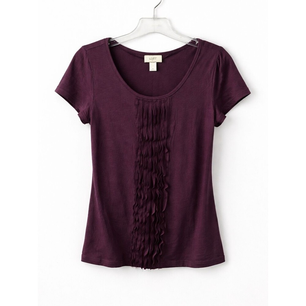 LOFT Purple Ruffle Front Top Medium Short Sleeve Pleated Blouse Casual